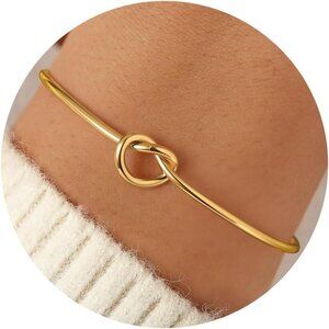 Gold Knot Bangle Bracelet Women Dainty 18K-Gold-Plated Adjustable Jewelry